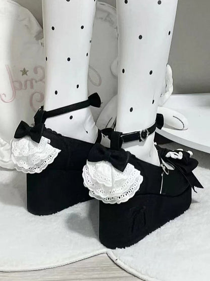 - Plateaus Schwarz Schleife-bestickter Absatz Sweet Lolita