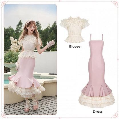 Bluse Rüschenkleid Stufen Meerjungfrau Slip Saum Beige + Pink