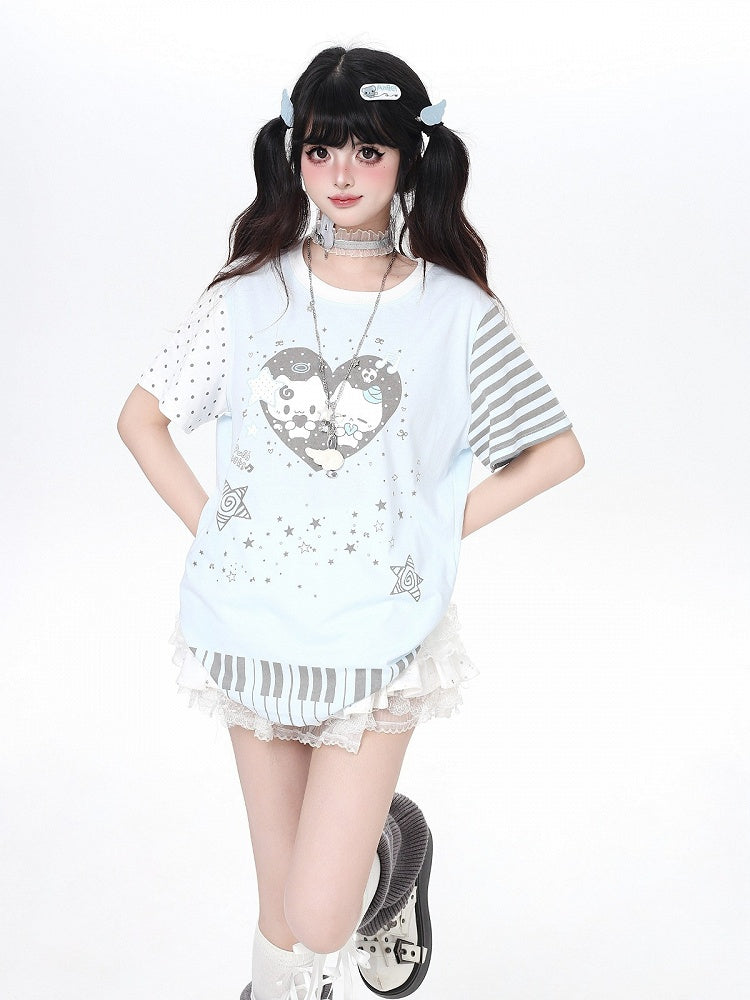 Blue Piano Kitten Print Round Neck T Shirt Polka Dot Stripes
