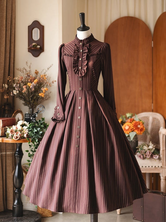 with Decor Sleeves Red Buttons Dress Vintage Long Ruffle Accents Striped