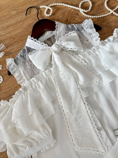 Landmine White Lace Cutout Short Sleeve Blouse with Bow Detail - YoshiKi