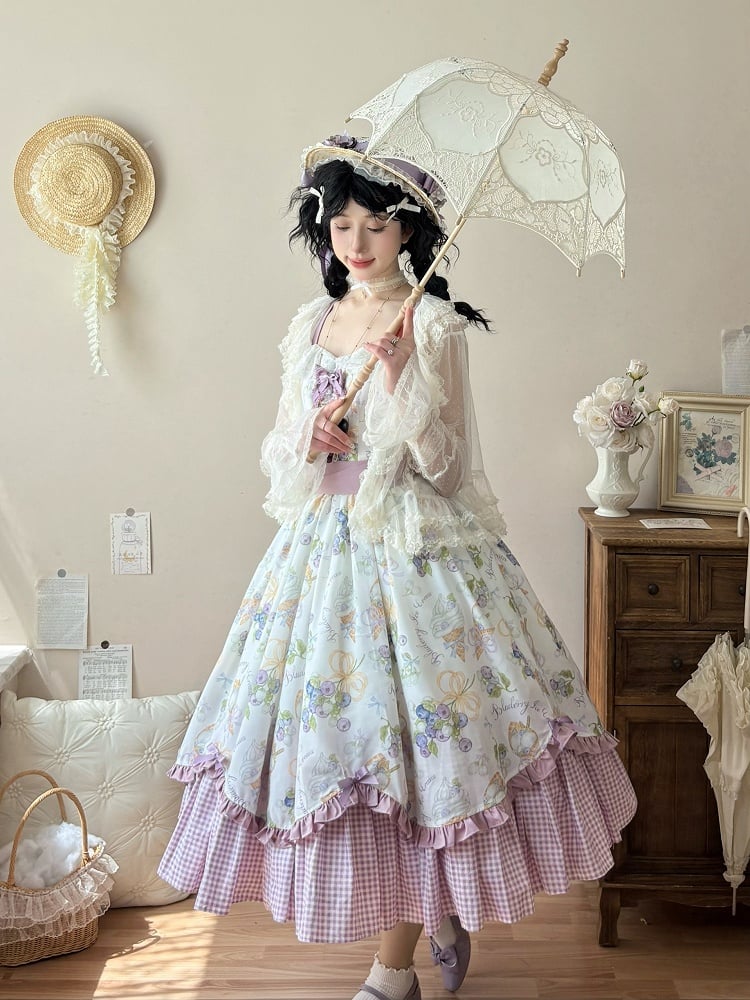 Lila Saum und Lolita Creme Print Ice Gingham Kleid Blaubeere