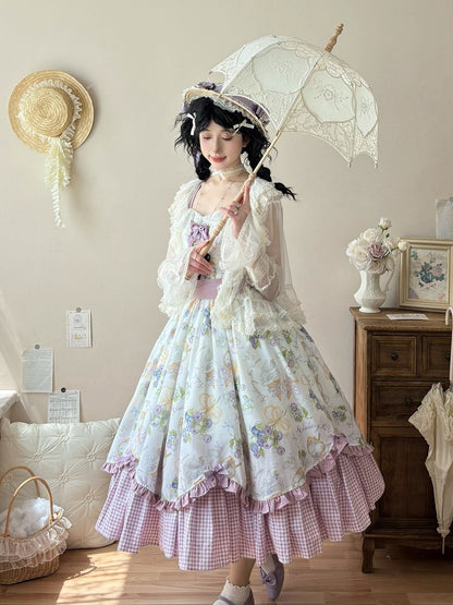 Gingham-Kleid mit Blaubeer-Lolita-Print und Eiscreme-Lila