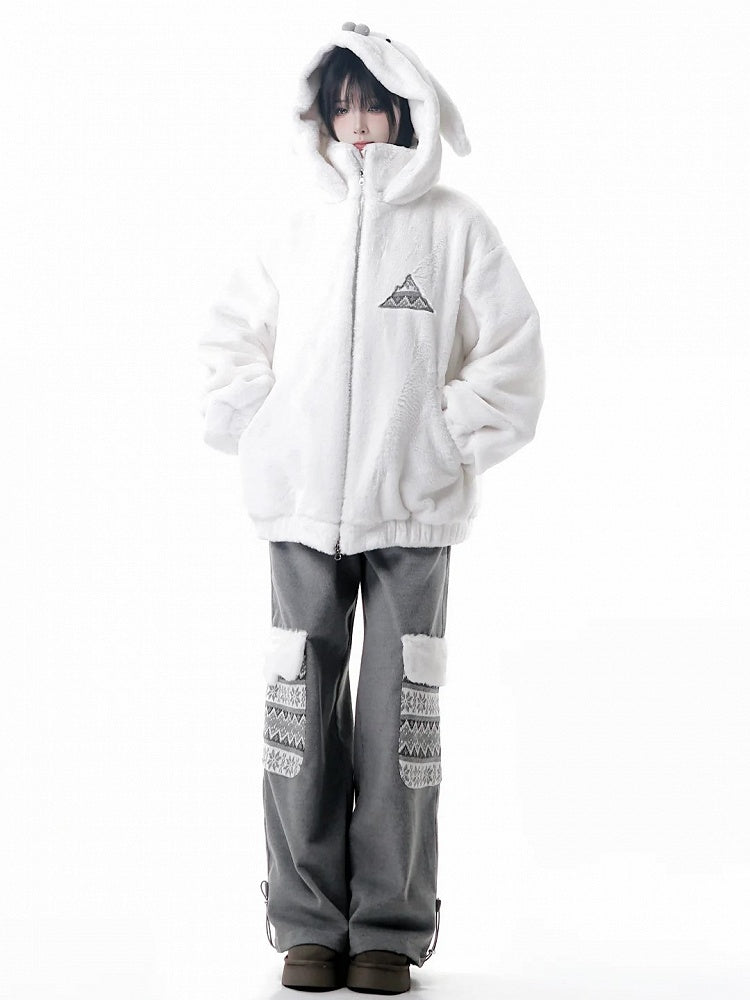 Straight-Leg Pockets Patterned Isle Pants with Gray Plush Fair