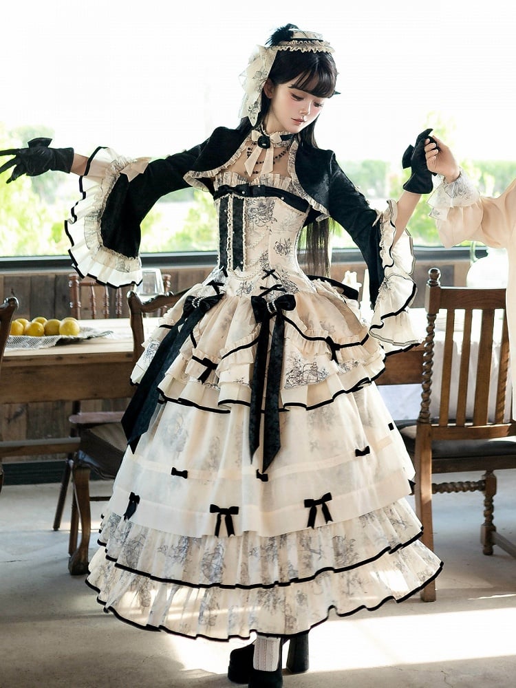 Black Elegant Jacquard Cardigan with White Ruffled Edge - Magic Skirt Cat