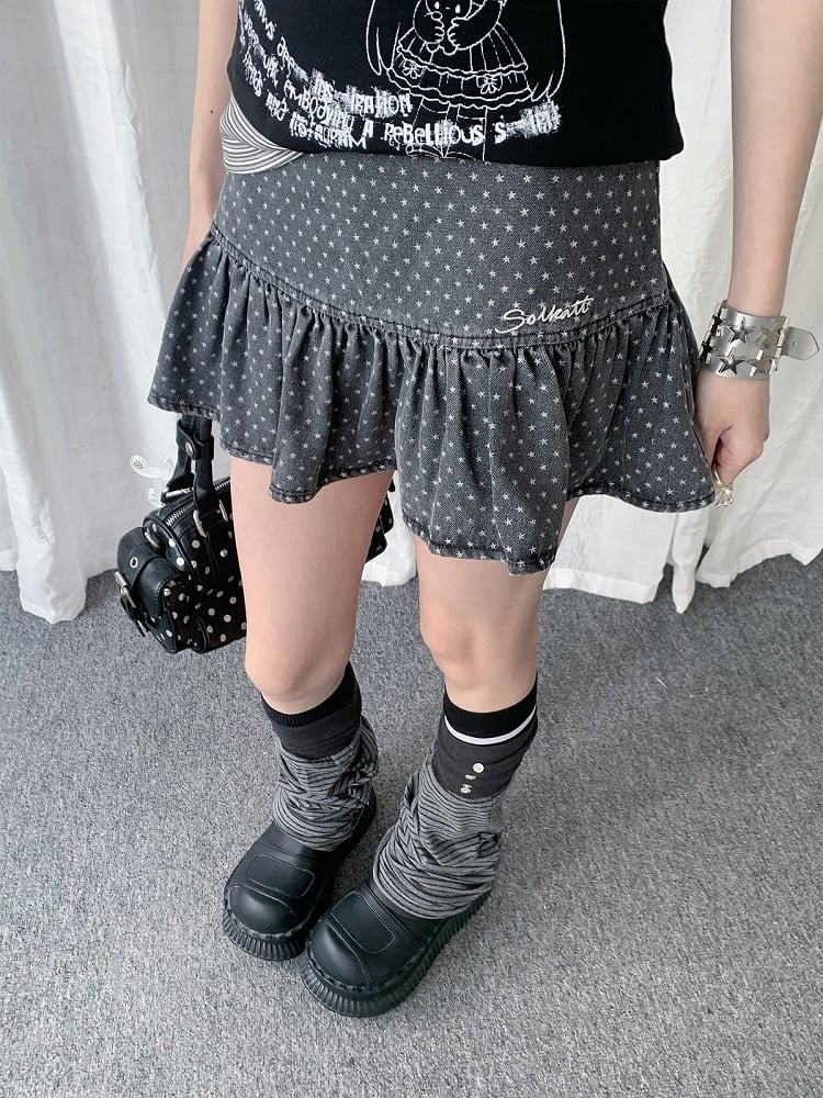 Gray Casual Star Pattern Ruffle Skirt - Solkatt