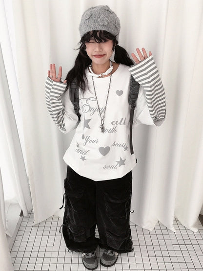Round Grey Neck White Two-piece Sleeve - Top Long