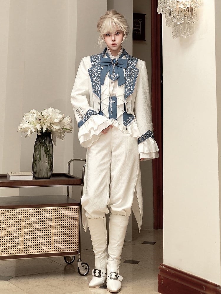 Belt+Pants Coat+Shirt+Corset Pieces Split-Tail Four Ouji Set-BlueWhite Lolita Prince
