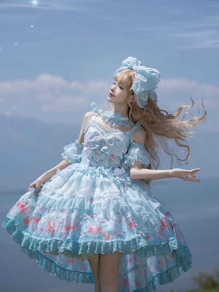 Robe salopette asymétrique imprimé poisson rouge - Mewroco