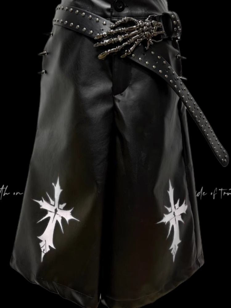 Y2K White Wide-Leg Pants Cross Pattern Black PU Studded Glamorous