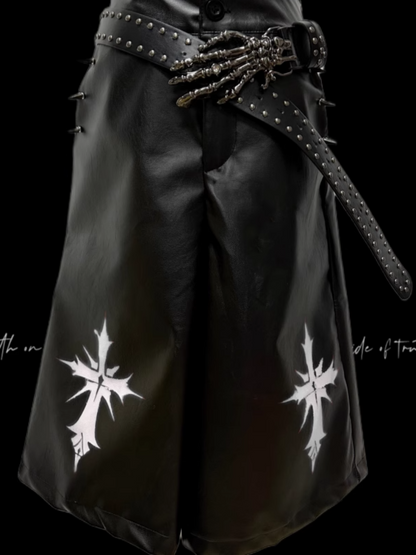 Y2K White Wide-Leg Pants Cross Pattern Black PU Studded Glamorous