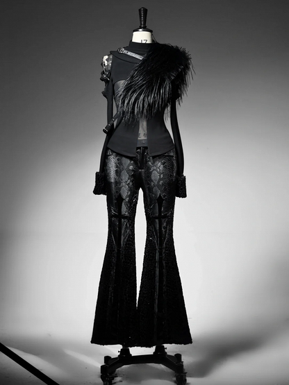 Black Snakeskin Grain Fabric Low Waist Goth Fishtail Pants