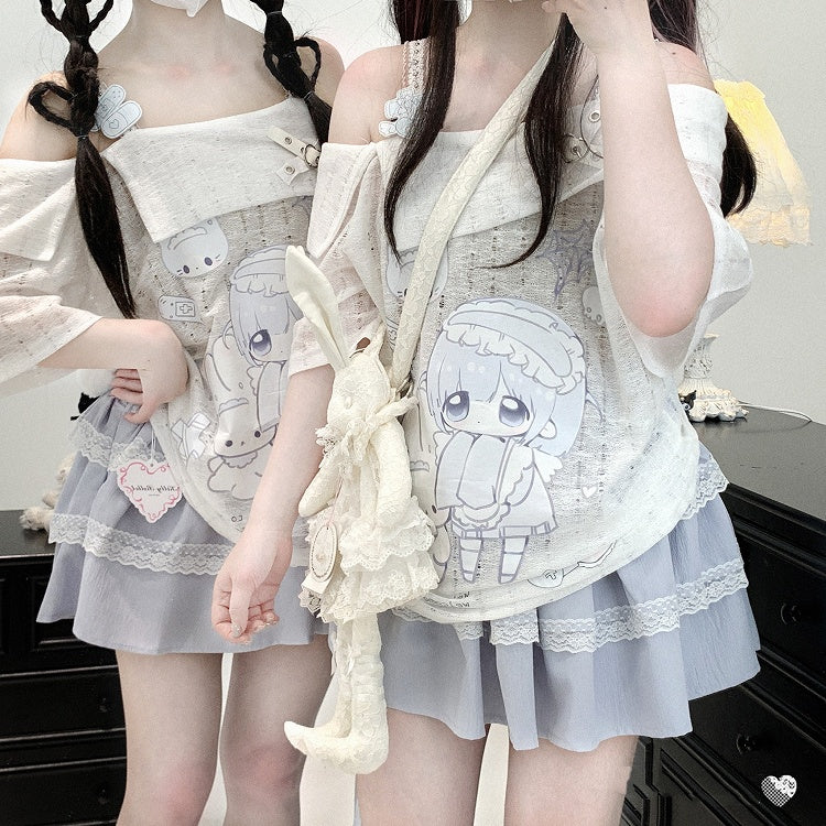 Off-the-shoulder Neckline White Jirai Kawaii Cartoon Yami Print