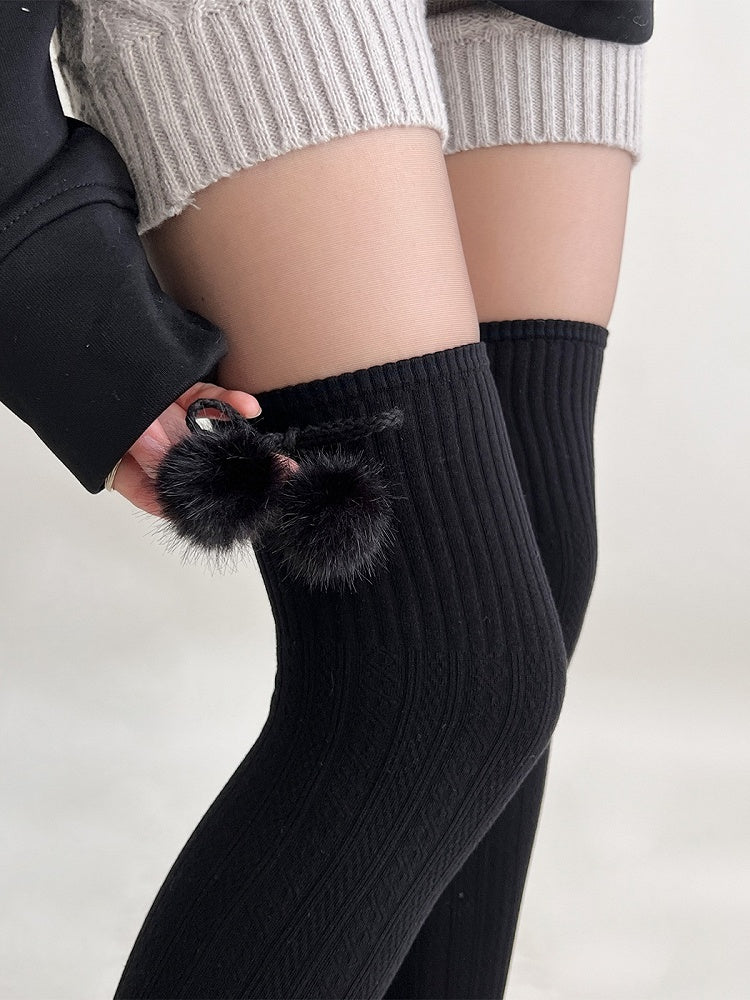 Vertical-Stripe Over Knee with Decorations Colors Pom-Pom 4 Stockings