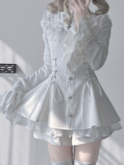 Matching Detachable Set: Bow Lace-Up Bell Sleeve with Waist Shorts Coord Kei Dress White Bib Tie Jirai