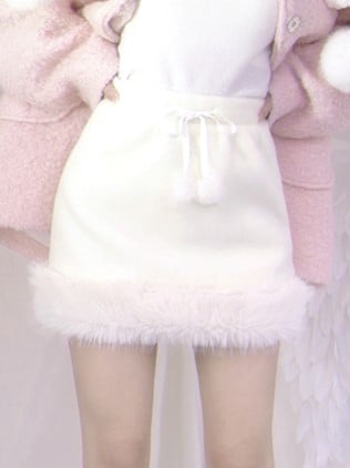Cozy Plush-Trimmed Skirt with Pom-Pom Detailing Blue/White