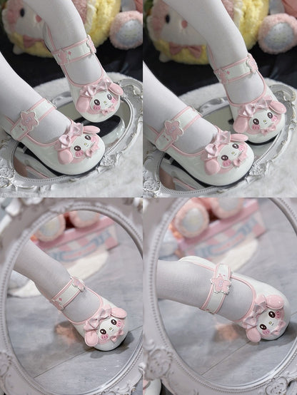 Lolita Bow Decor Toe Round - Flower Mary Accents Janes Sweet with Bunny Velcro Pink Theme