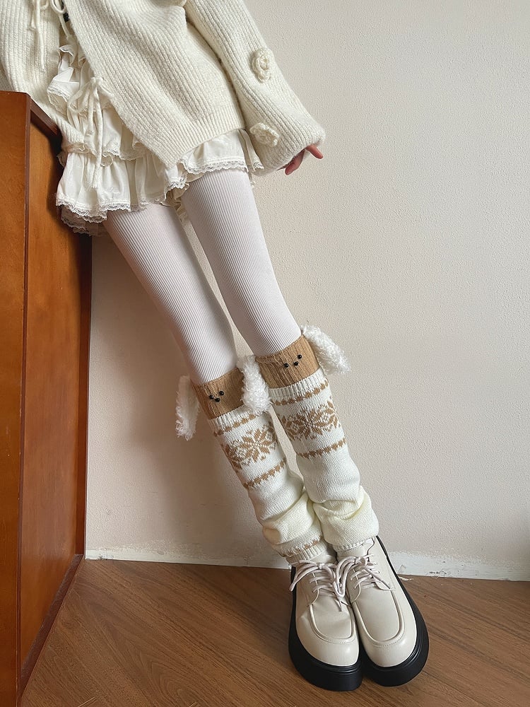 Warmers Leg Brown Beige Snowflake Warm Pattern