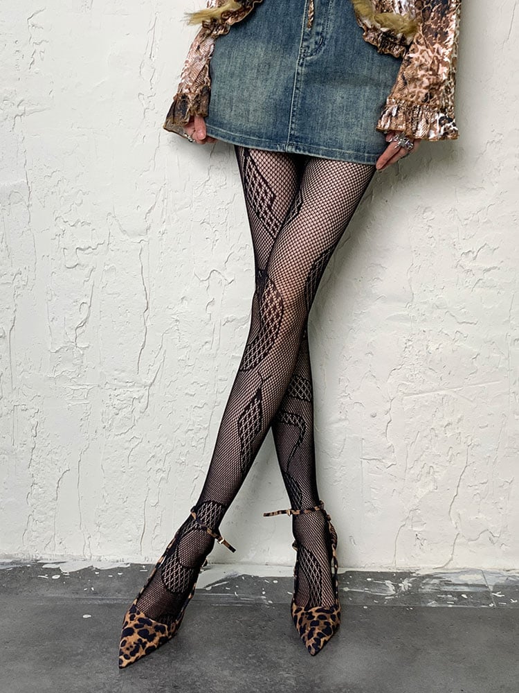 Y2K Black Snake Print Openwork Tights