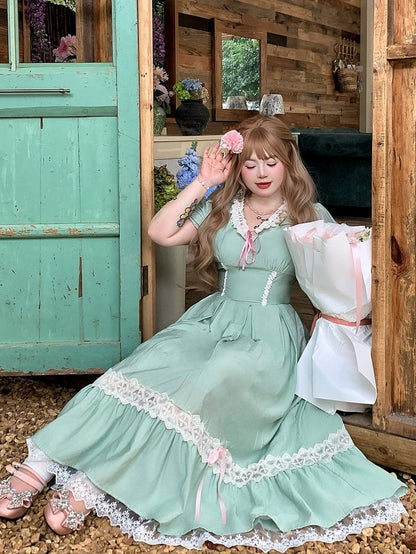 Plus Size Green Sweet Long Dress with Lace & Puff Sleeves - Hard Candy