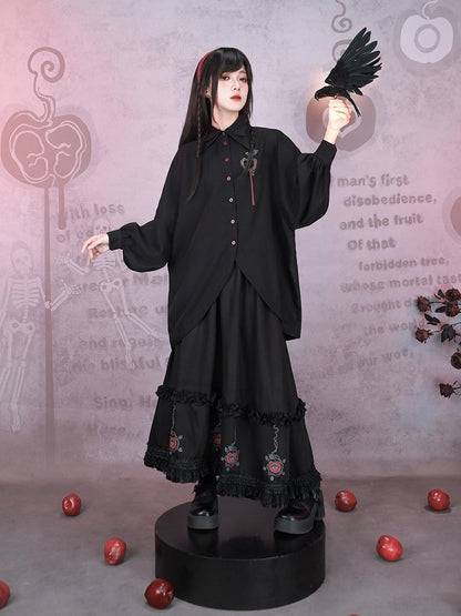 With Skirt Eden-inspired Trim Gothic Black Midi Print Lace