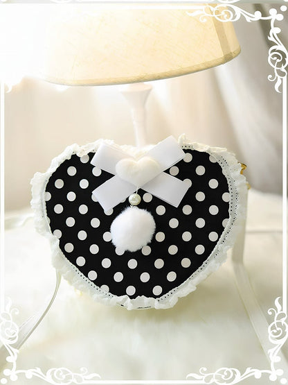 Heart-shaped Pattern Black Decorated Polka-dot Design Crossbody Bag Bunny Pompon Beaded With Plush