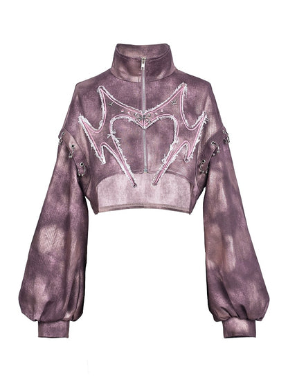with Sleeves Applique Denim Punk Cutout Pink Y2K Dusty Bishop Jacket Crop Pastel Heart Distressed