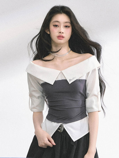 Blue Shirt Striped Foldover Collar Gray/Navy Neckline Off-the-shoulder