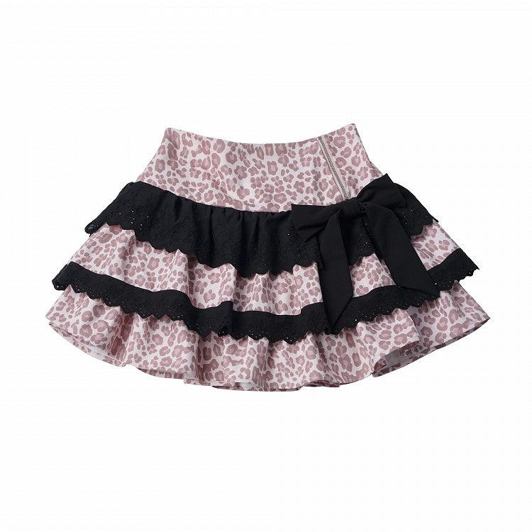 Leopard Print Tiered Skirt with Bow in Pink and Black - PINK SAVIOR