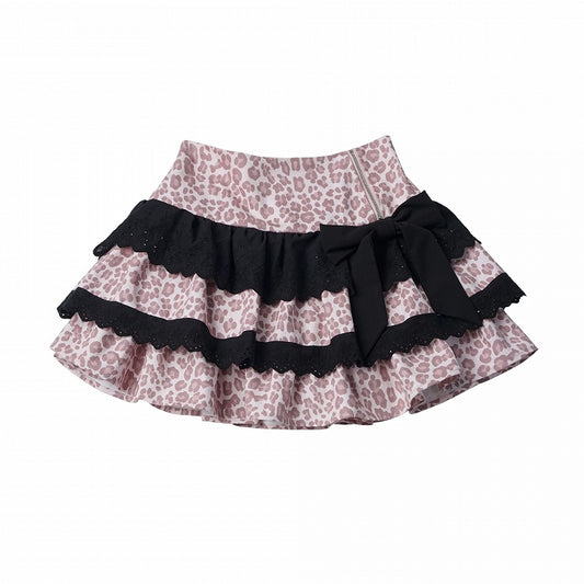 Leopard Print Tiered Skirt with Bow in Pink and Black - PINK SAVIOR