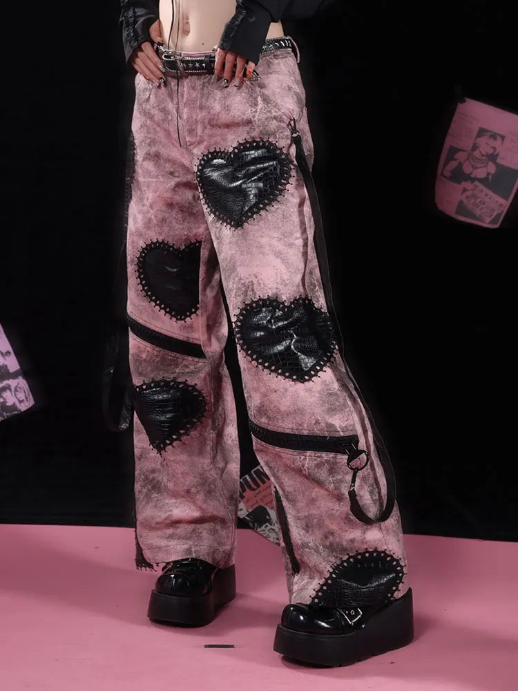 アップリケハートゴシックレッグピンクワイドジーンズブラックジップパンク