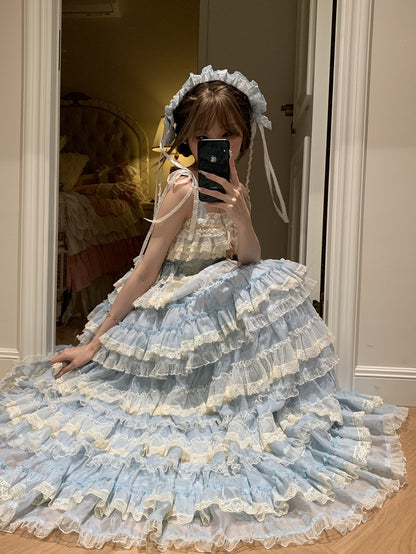Goldfischblaues, verstellbares, süßes Lolita-Kleid mit Rüschen und Stickereien, Trägern und mehrlagigem