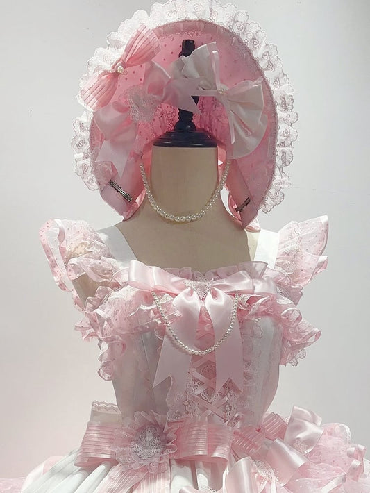 Bead Chain Bowknot and White Decorated Pink Bonnet / Red