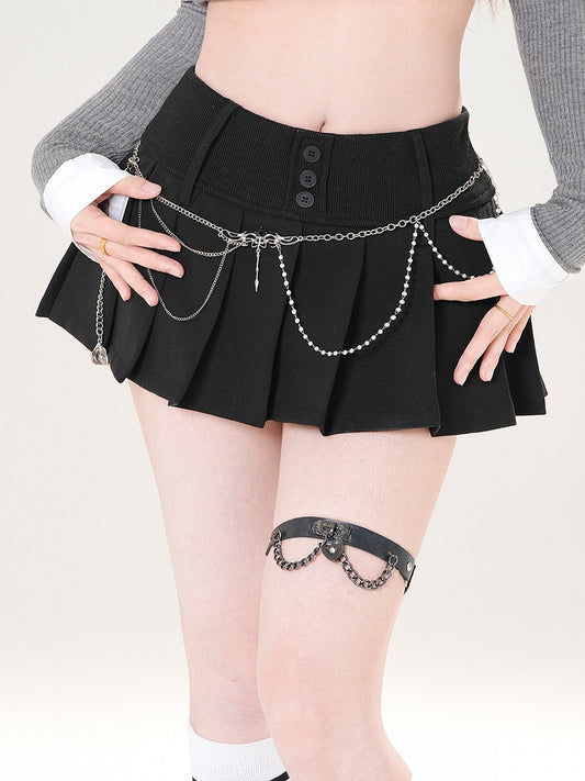 Skirt Black/White with Design Front Button - Pleated Placket Mini Slimming