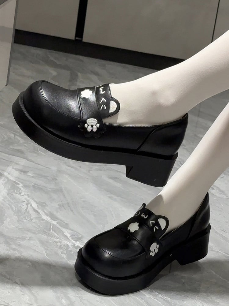 Matte with Leather Mid-heel - Preppy Black Loafers PU Cat Ears Style