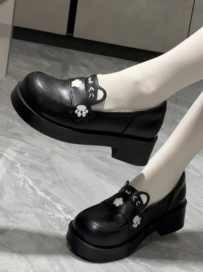 Matte with Leather Mid-heel - Preppy Black Loafers PU Cat Ears Style