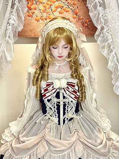 Hairband Lolita Bow Beige with Accent Lace