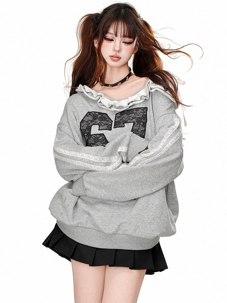 ブラック/グレー レースアップリケ アシンメトリーネックライン スウェットシャツ