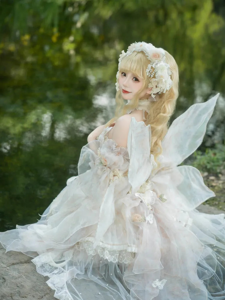Lolita Fairycore Dress JSK Beige Full Design Princess and Set Butterfly Floral