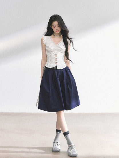 Lace White V-neck Cutout Details Patches Flutter Sleeves Top