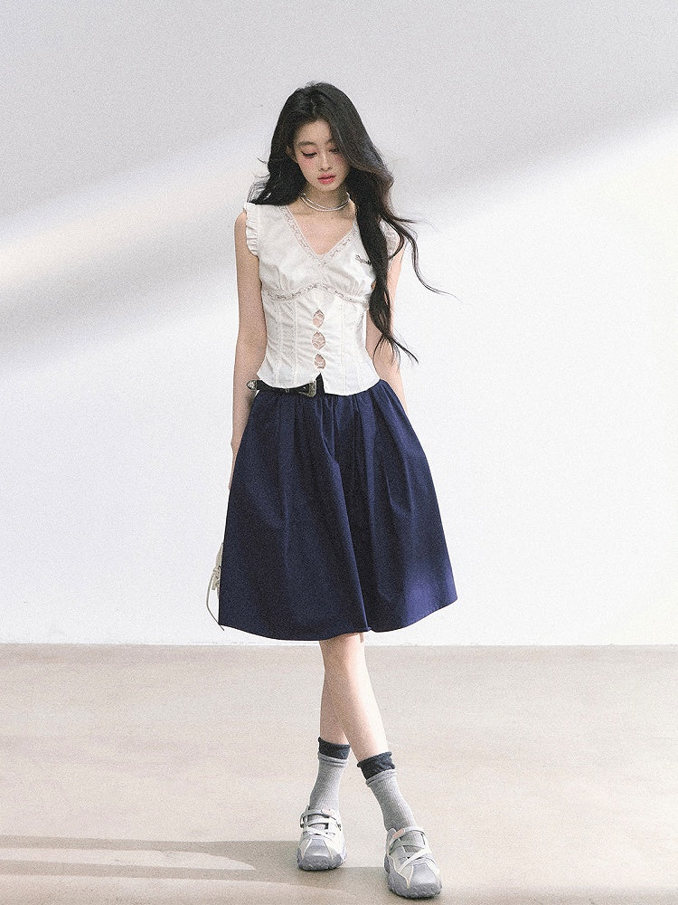 スカート丈 膝丈 ブラック/ネイビーブルー Aライン