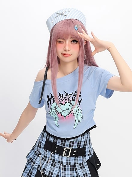ウィングスプリント Y2K ライトブルー アシンメトリーネックライン ハート＆Tシャツ