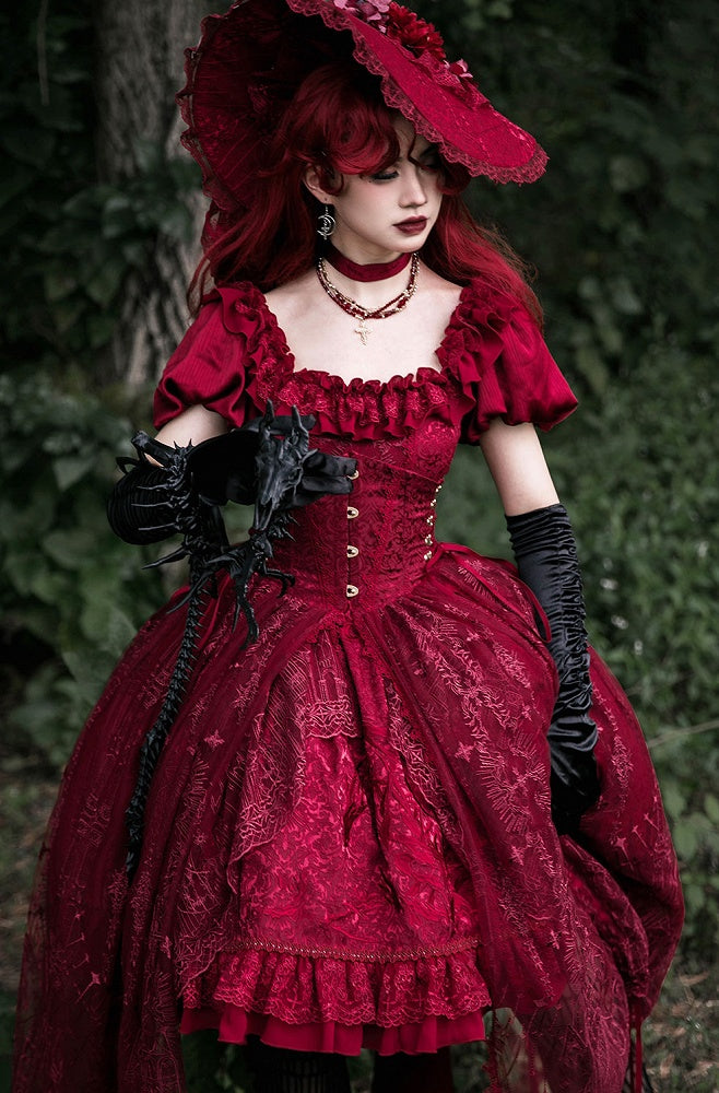 赤いドラゴンの骨の刺繍ハイロースカートドレスゴシックロリータOP、大聖堂の刺繍オーバーレイ付き