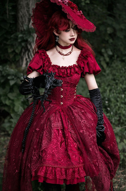 赤いドラゴンの骨の刺繍ハイロースカートドレスゴシックロリータOP、大聖堂の刺繍オーバーレイ付き