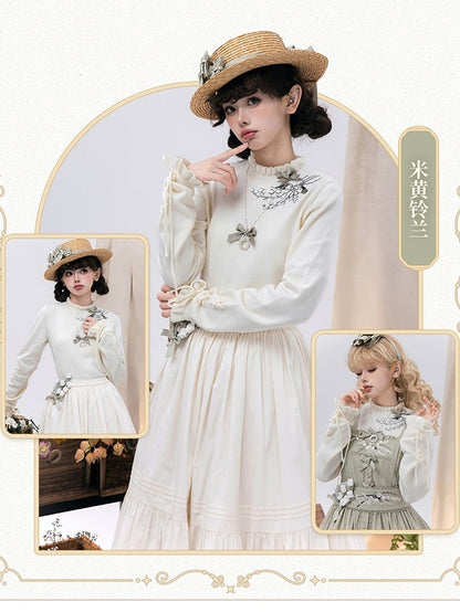 秋のカフストップリリーニットベージュレースアップ刺繍バレー