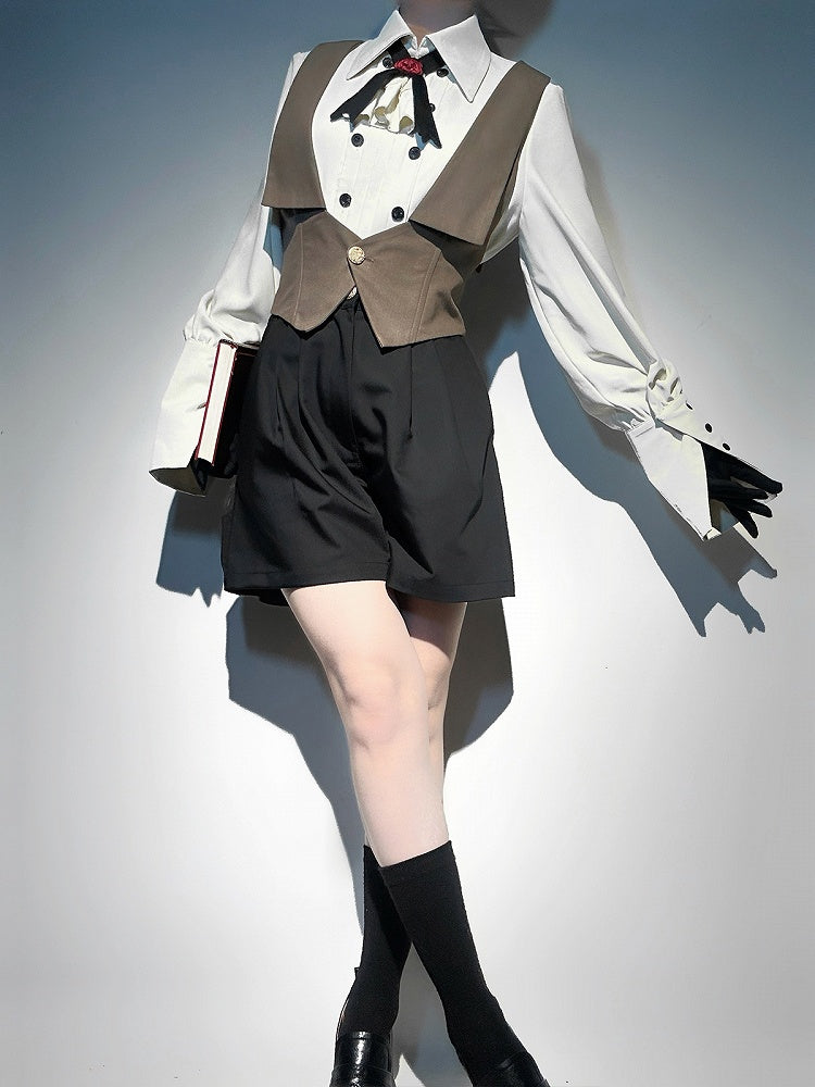 Ouji Lolita Pointed Foldover Collar Long Sleeves Shirt with Crossover Tie Jabot