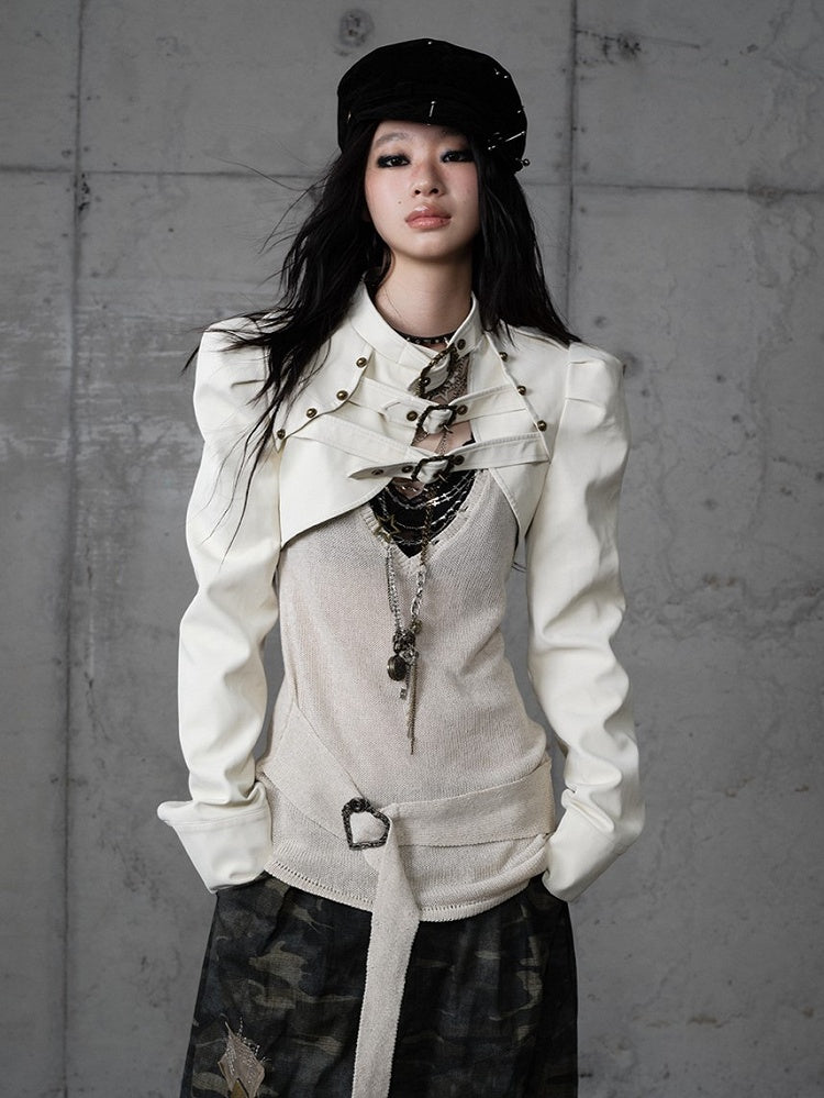 Buckled Punk Straps Crop Jacket with Collar Stand Beige Knight-Style