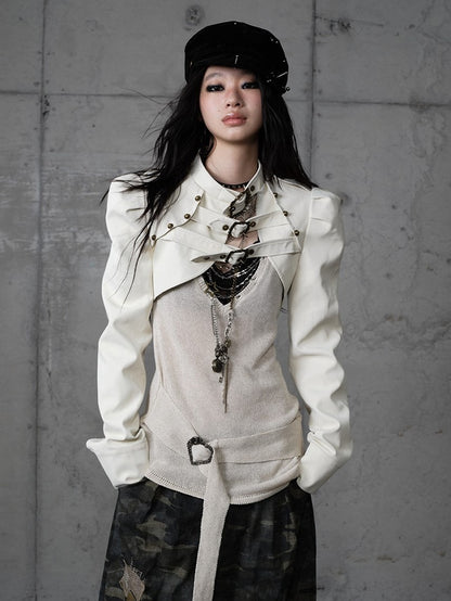 Buckled Punk Straps Crop Jacket with Collar Stand Beige Knight-Style