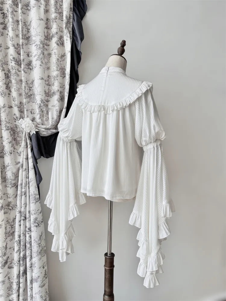 Flounce Bell Sleeves White Blouse Trim Gothic