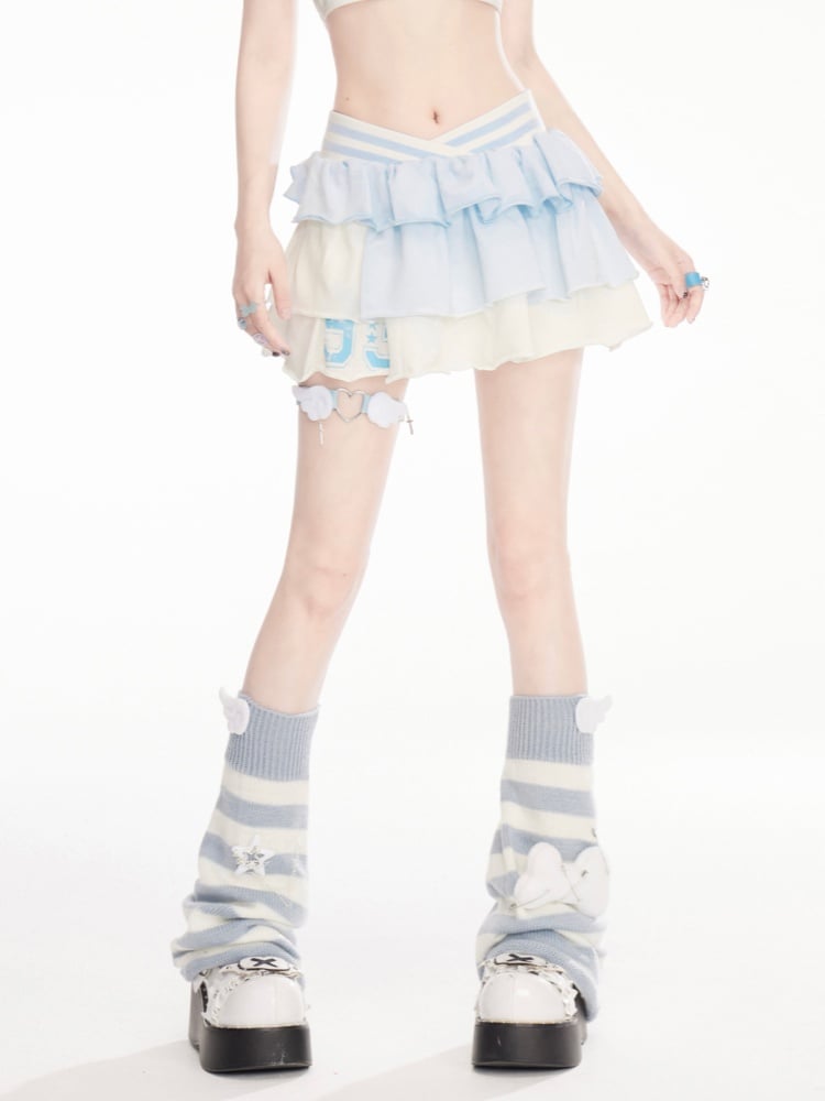 ウエストバンドブルーミニとホワイトウエストポイントカラーブロックティアードデザインスカート